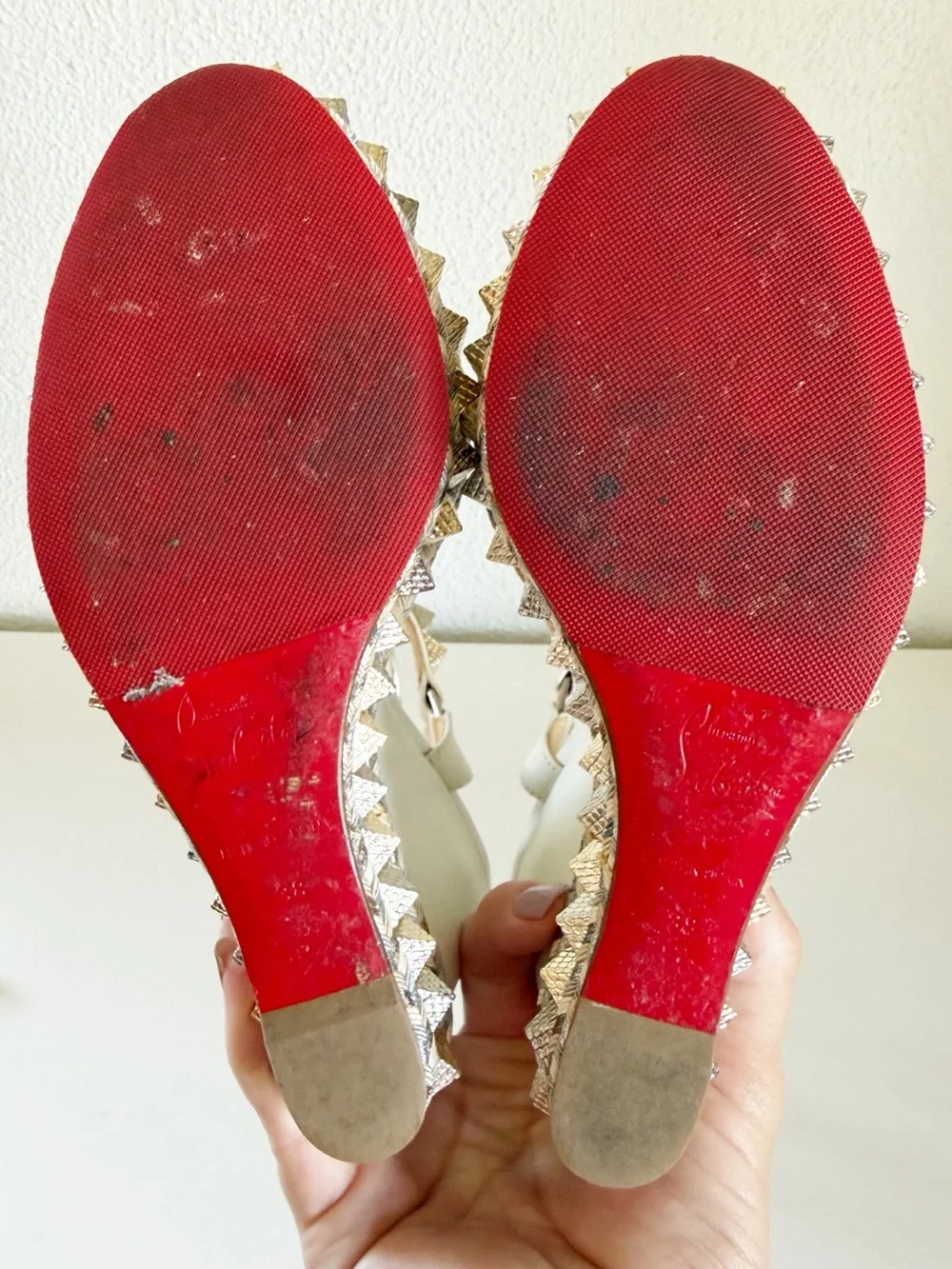 Christian Louboutin Pyraclou Latte White Studded Wedge Sandals Size EU 38
